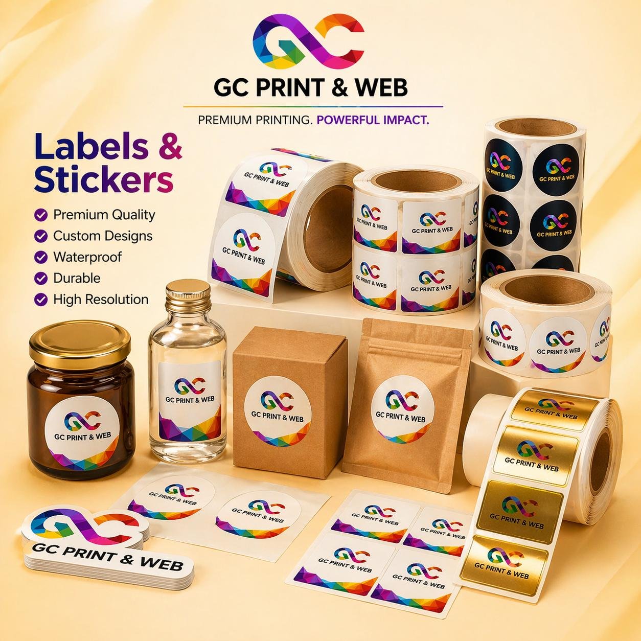 Custom stickers and labels including die cut, waterproof and product labels by GC Print & Web