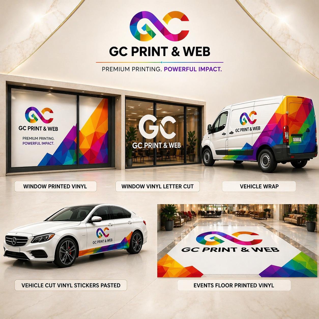 Vinyl and surface branding including window graphics, vehicle wrap and floor vinyl printing by GC Print & Web